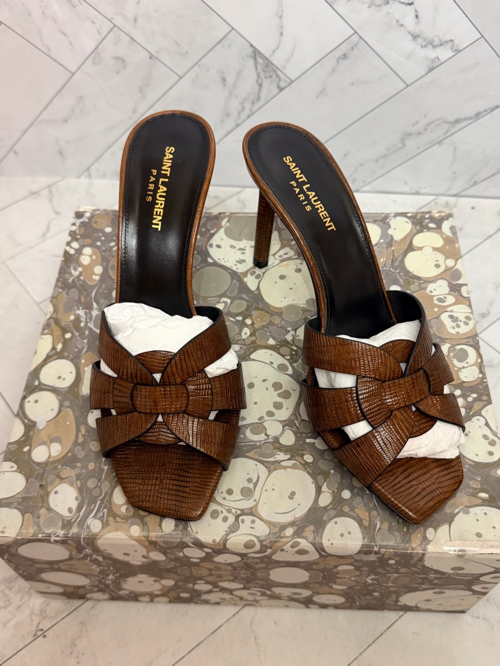 Saint Laurent Brown Sahara  Lizard Leather Mules‼️